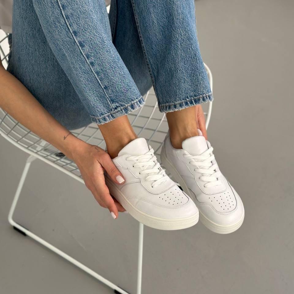 White Leather Lace-Up Sneakers for Women
