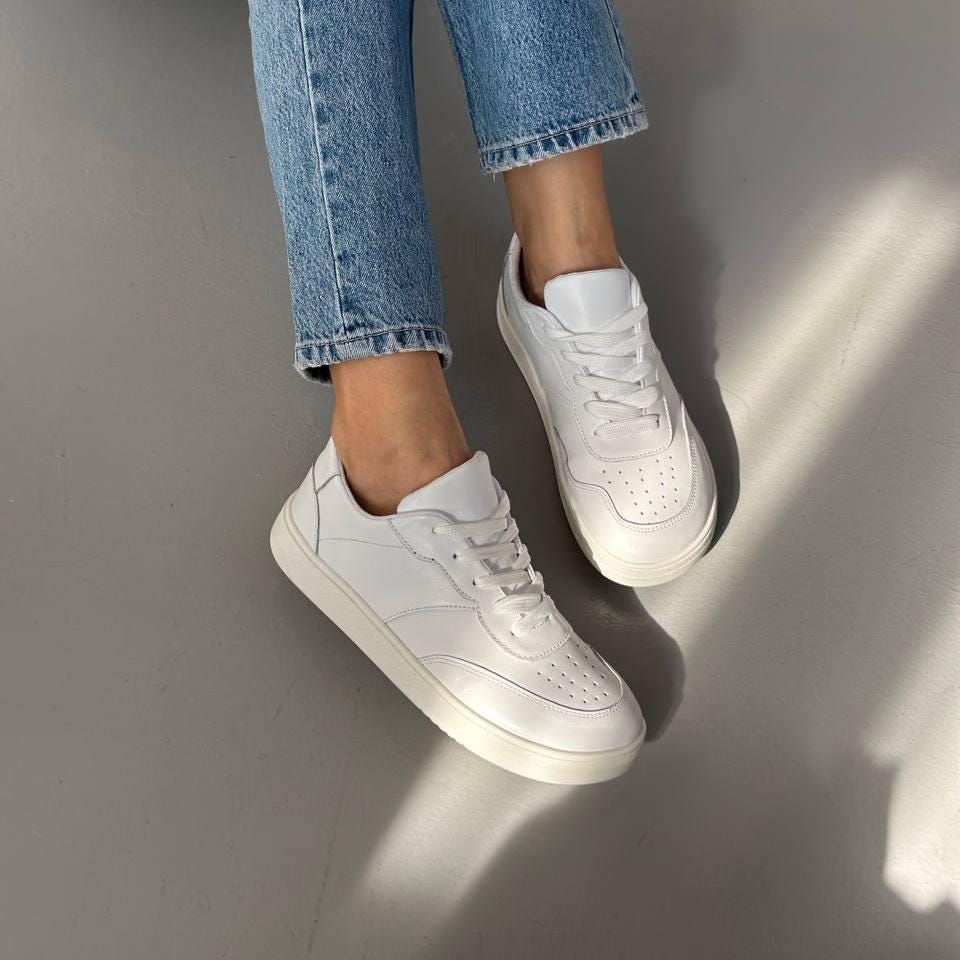 White Leather Lace-Up Sneakers for Women