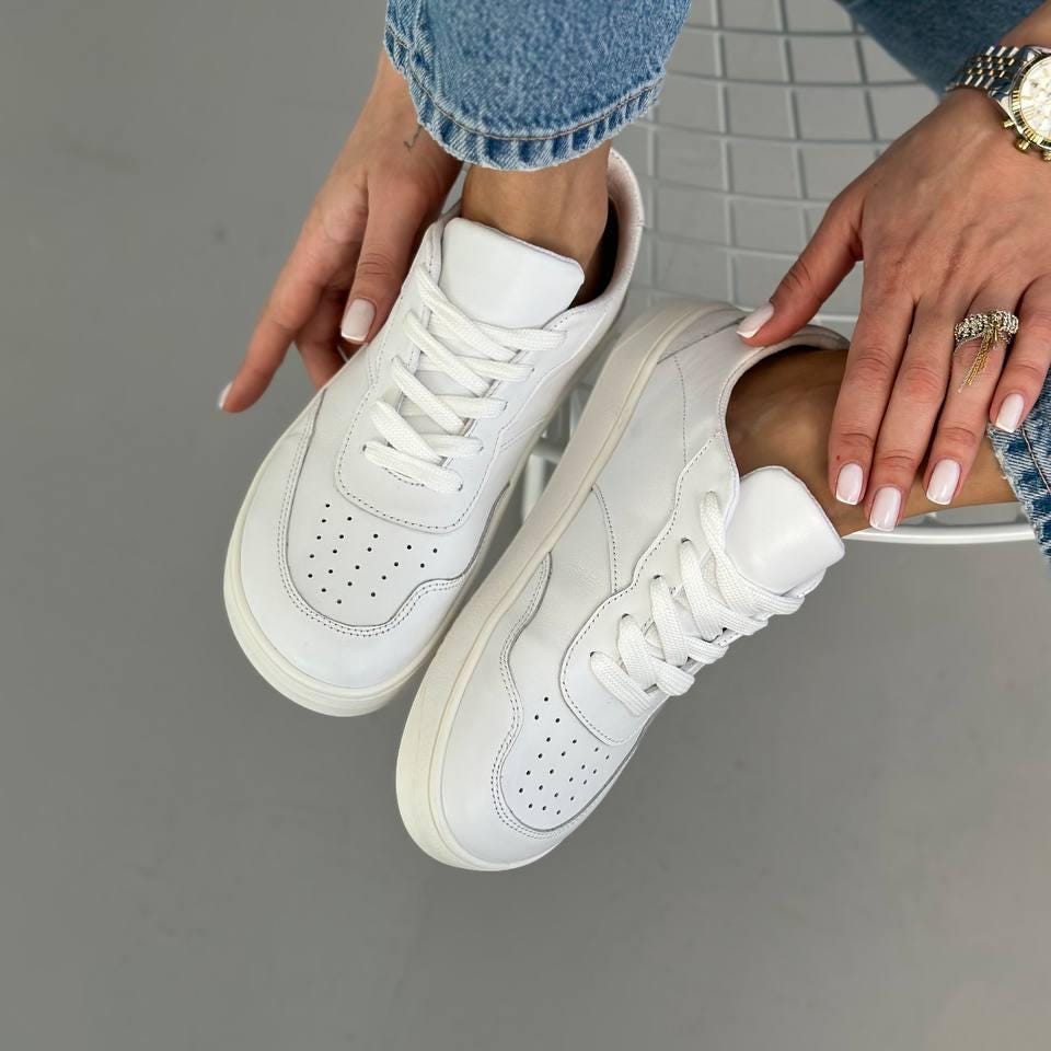 White Leather Lace-Up Sneakers for Women
