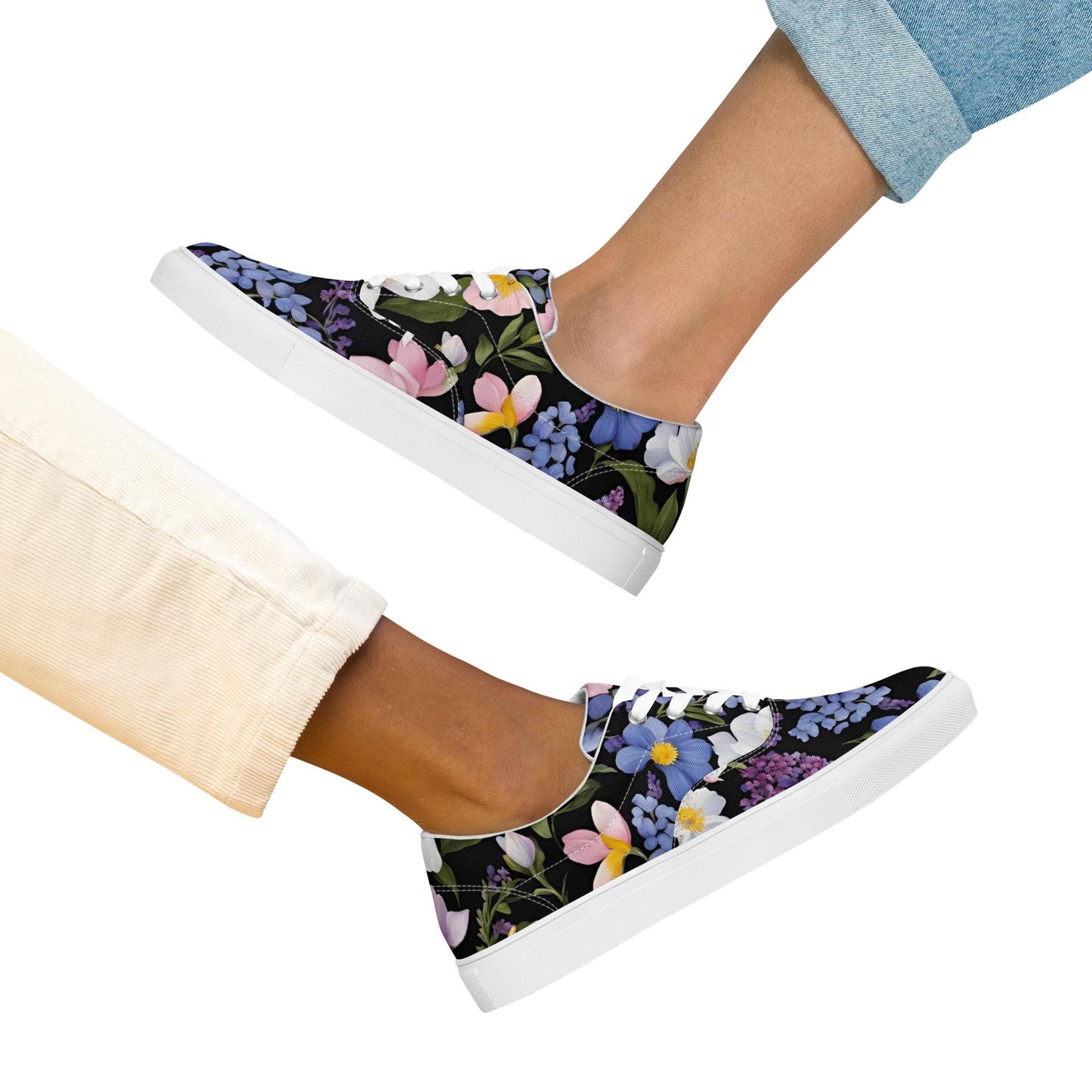 Women's Black Background Spring Floral Lace-Up Canvas Shoes