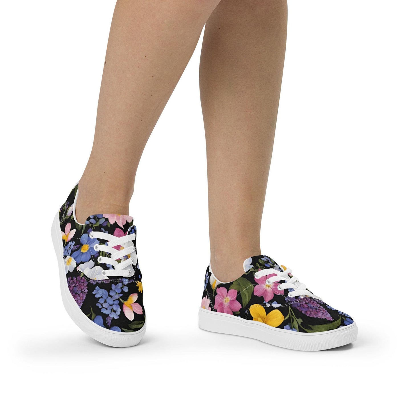 Women's Black Background Spring Floral Lace-Up Canvas Shoes