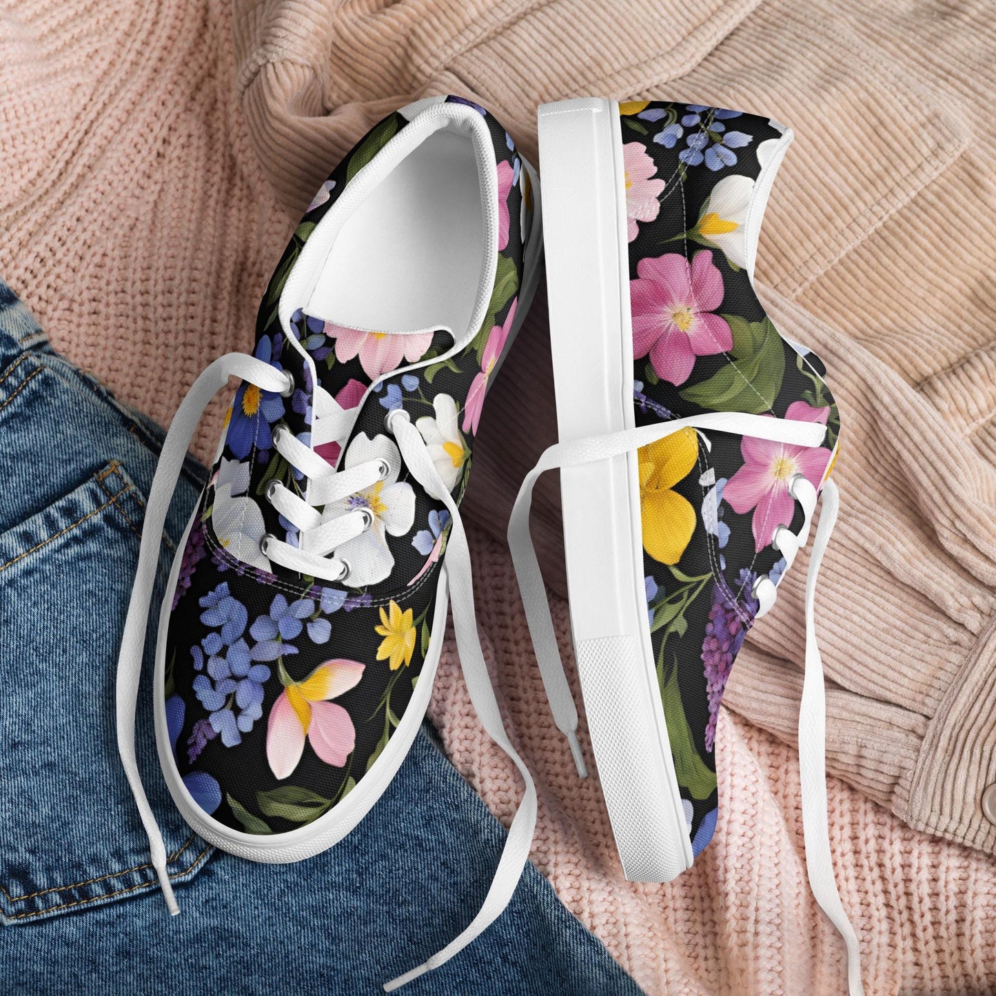 Women's Black Background Spring Floral Lace-Up Canvas Shoes