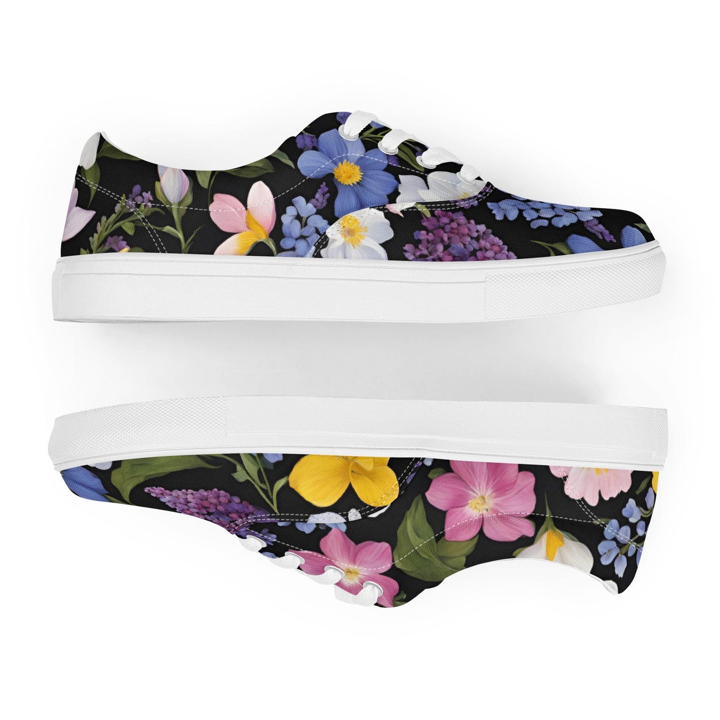 Women's Black Background Spring Floral Lace-Up Canvas Shoes