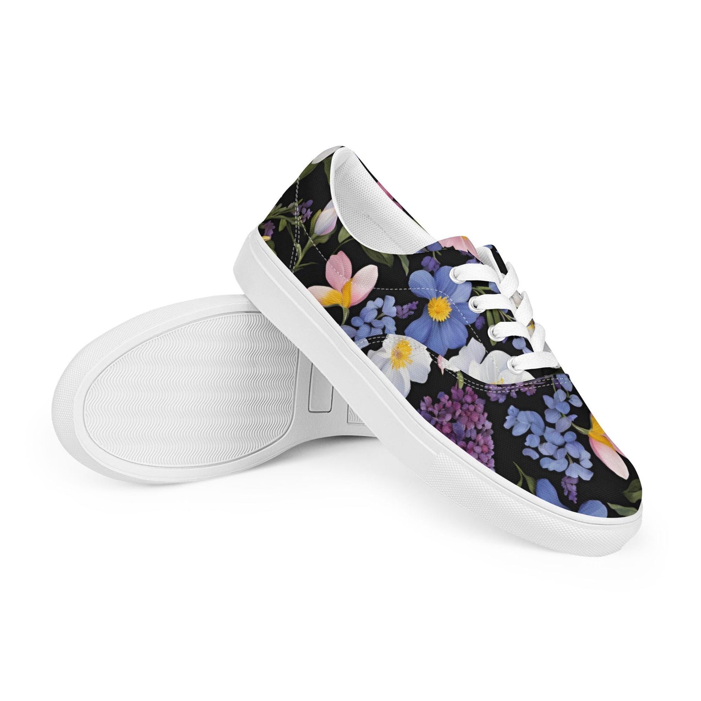 Women's Black Background Spring Floral Lace-Up Canvas Shoes