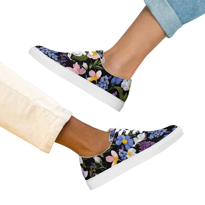 Women's Black Background Spring Floral Lace-Up Canvas Shoes