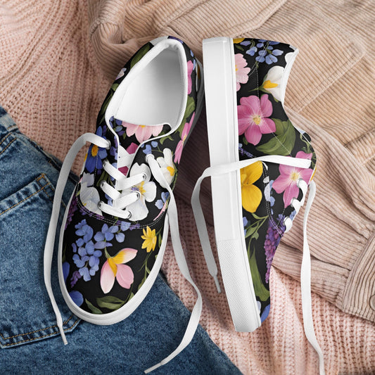 Women's Black Background Spring Floral Lace-Up Canvas Shoes