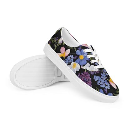 Women's Black Background Spring Floral Lace-Up Canvas Shoes